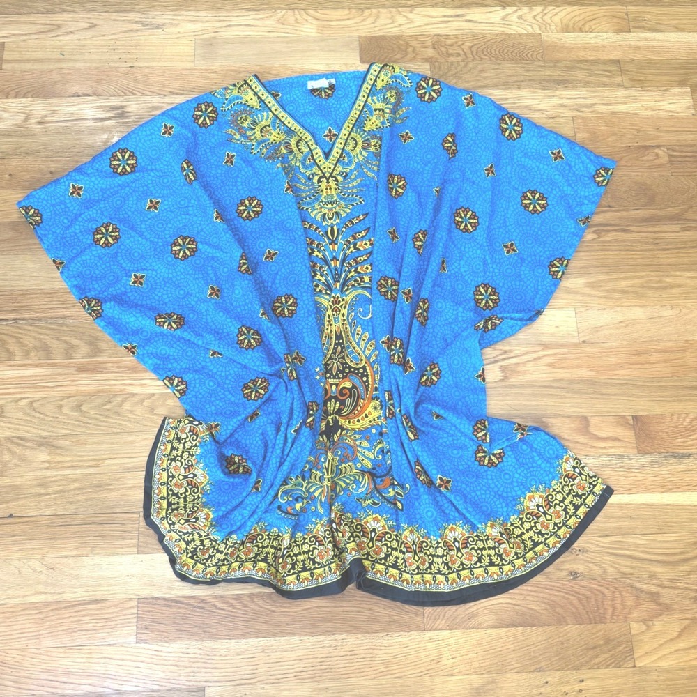 Metropolitan Blue Paisley Dashiki Kaftan‎ Dress Free Size Kimono Sleeve Maxi